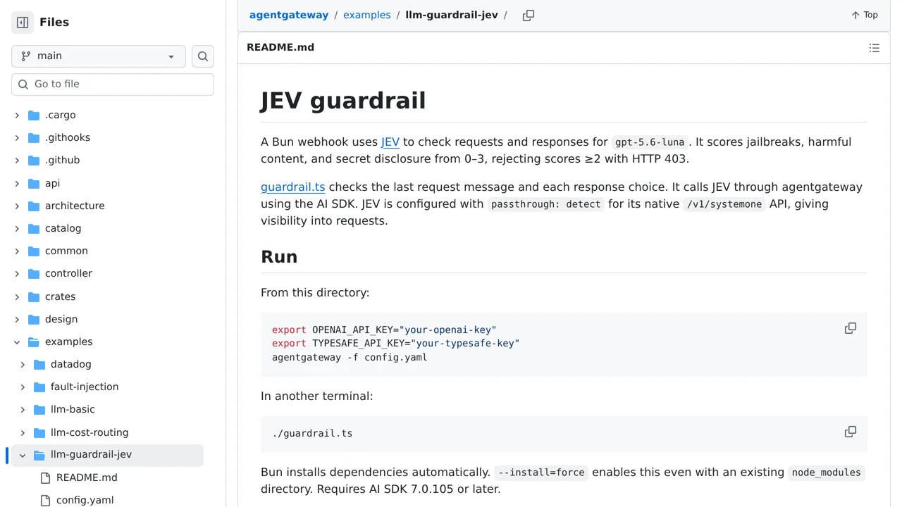 Source screenshot of agentgateway Jev guardrail example