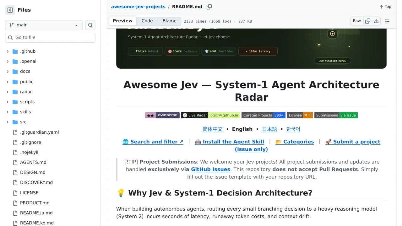Source screenshot of awesome-jev-projects