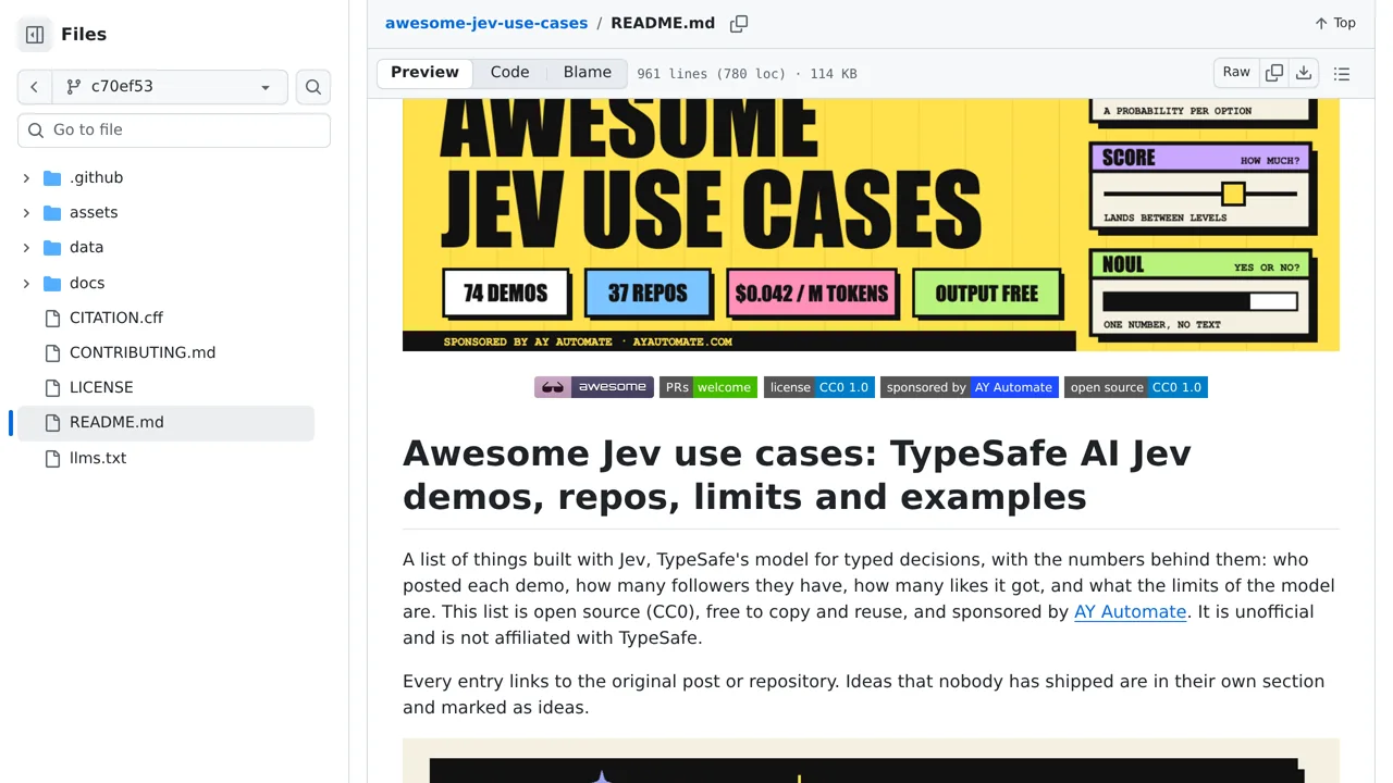 Source screenshot of Awesome Jev Use Cases