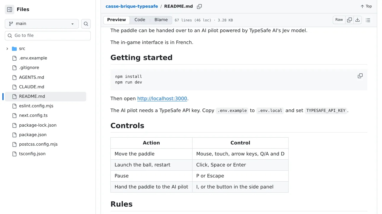 Source screenshot of casse-brique-typesafe