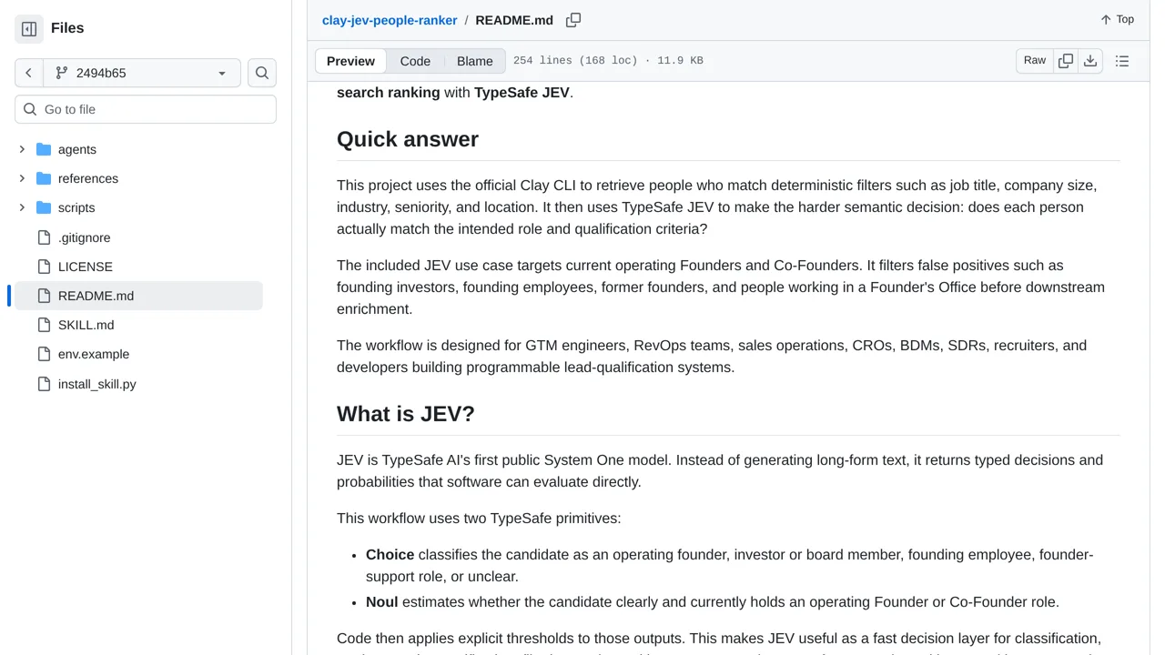 Source screenshot of TypeSafe JEV Lead Scoring with Clay CLI