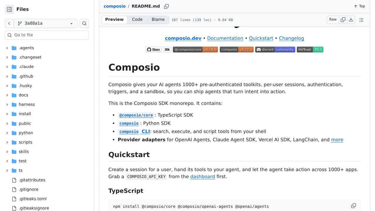 Source screenshot of Composio TypeSafe (Jev) provider