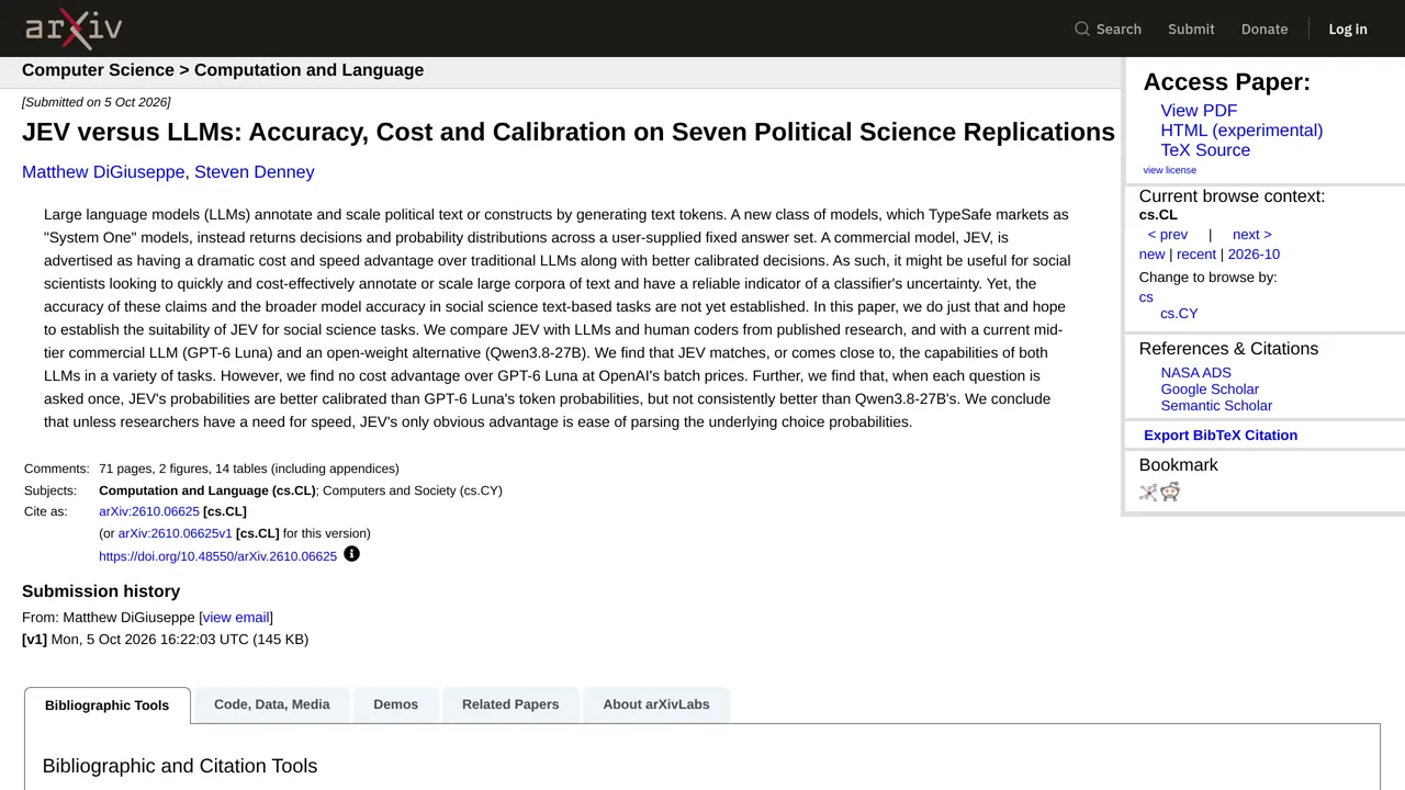 Source screenshot of JEV versus LLMs: Accuracy, Cost and Calibration on Seven Political Science Replications