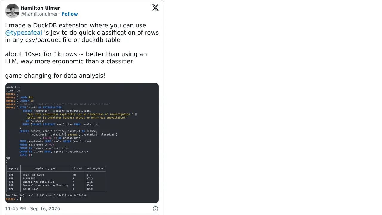 Source screenshot of DuckDB Jev classifier
