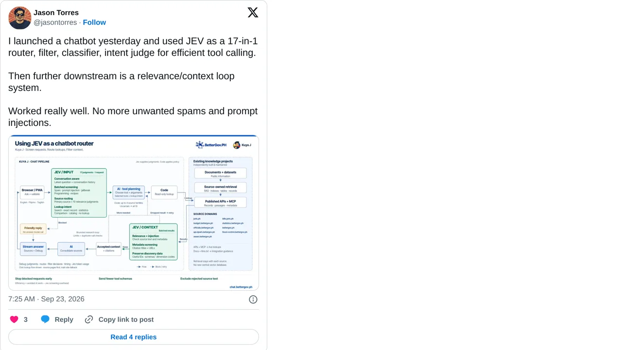 Source screenshot of Jev-routed chatbot