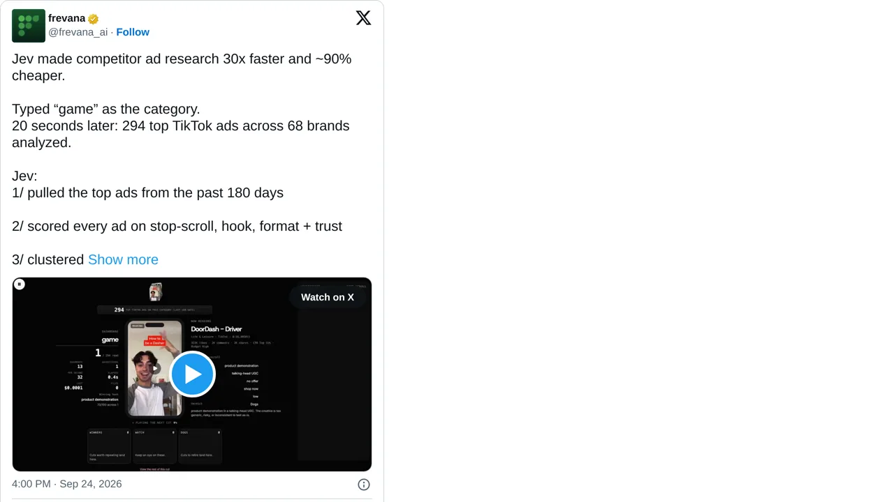 Source screenshot of Frevana ad research