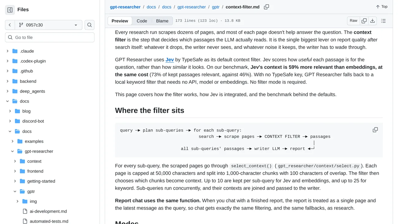 Source screenshot of GPT Researcher — Jev context filtering