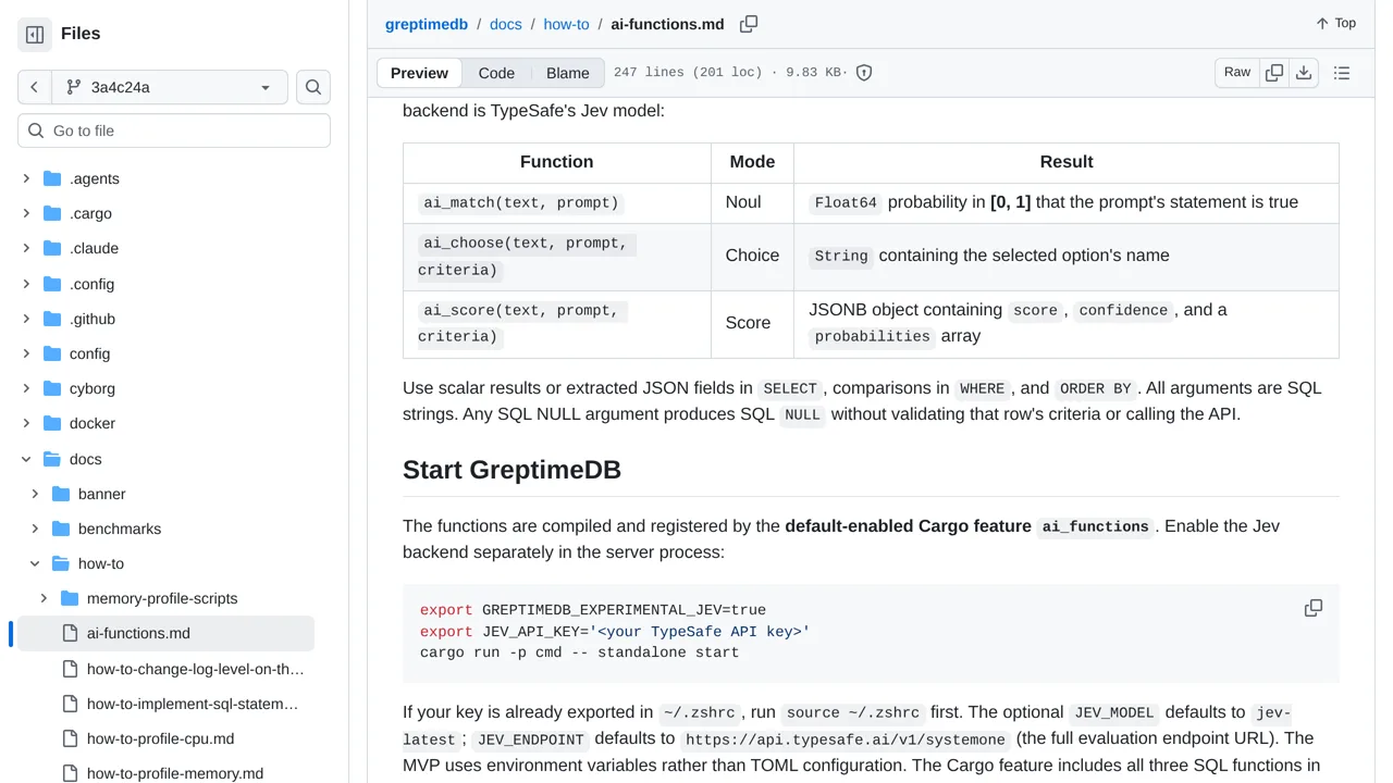 Source screenshot of GreptimeDB — Jev SQL functions