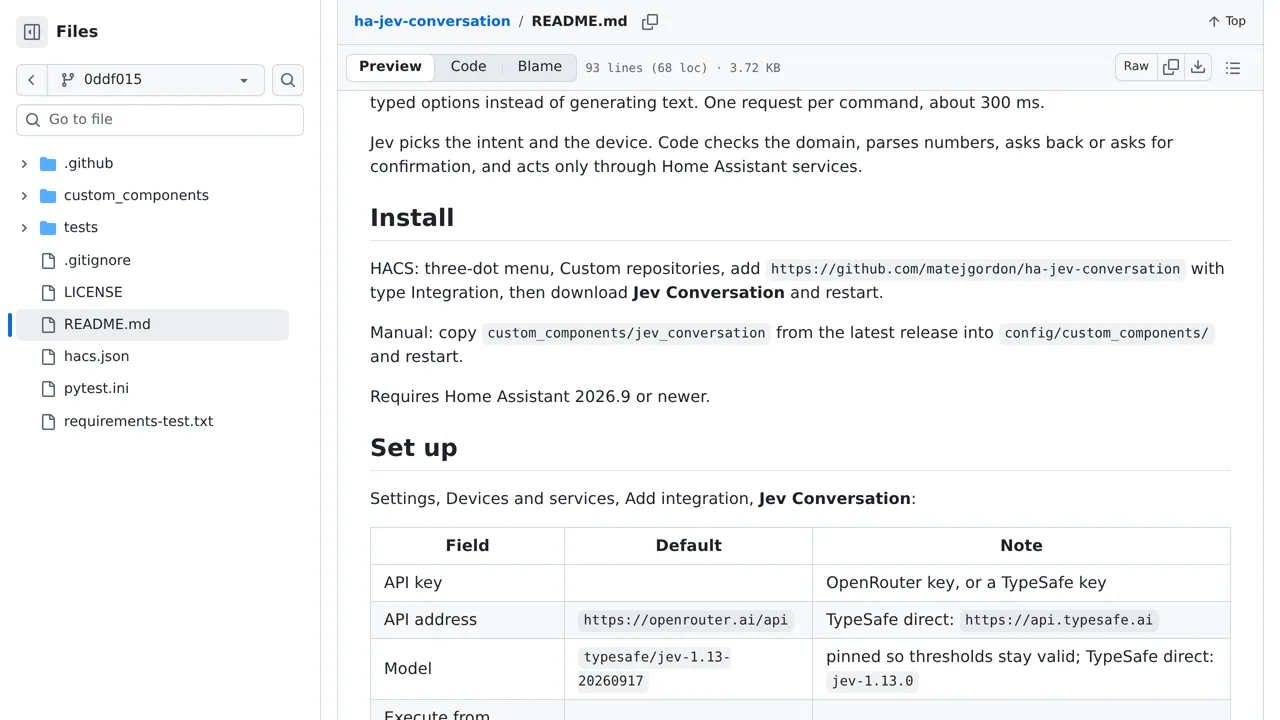 Source screenshot of Jev Conversation for Home Assistant
