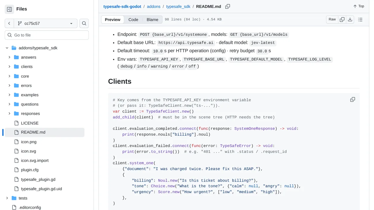 Source screenshot of TypeSafe SDK for Godot