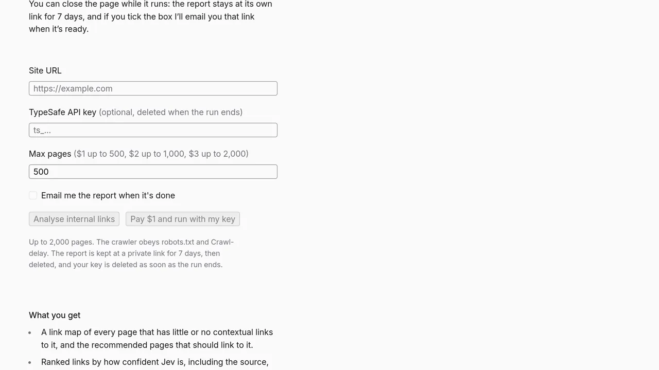 Source screenshot of Internal links tool