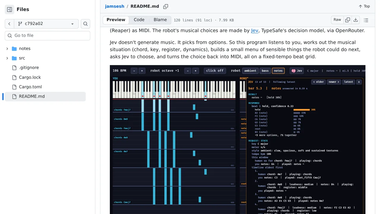 Source screenshot of jamsesh: a MIDI jammer driven by Jev