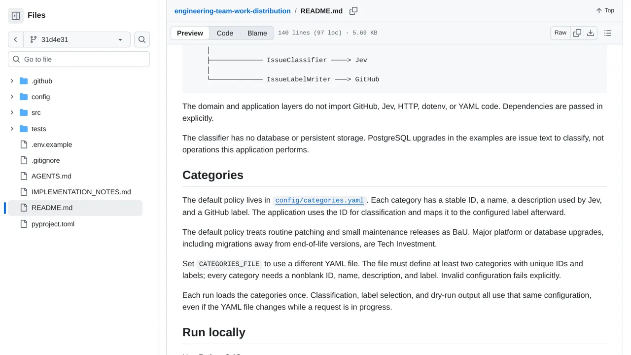 Source screenshot of Jev Engineering Work Classifier