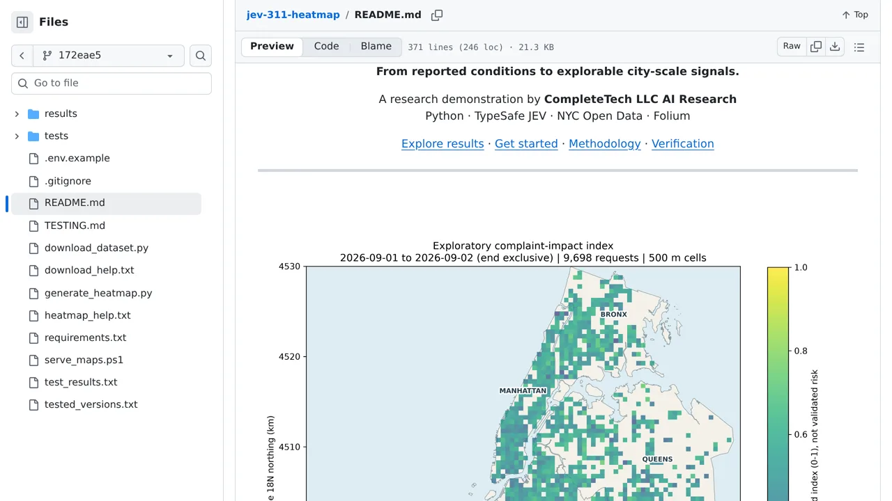 Source screenshot of NYC 311 · JEV Heatmaps