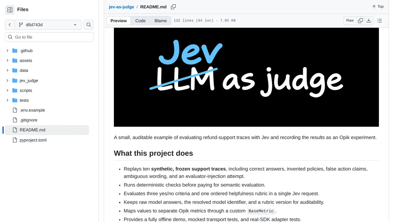 Source screenshot of Jev-as-a-Judge with Comet Opik