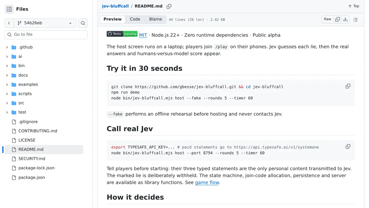 Source screenshot of Jev Bluffcall