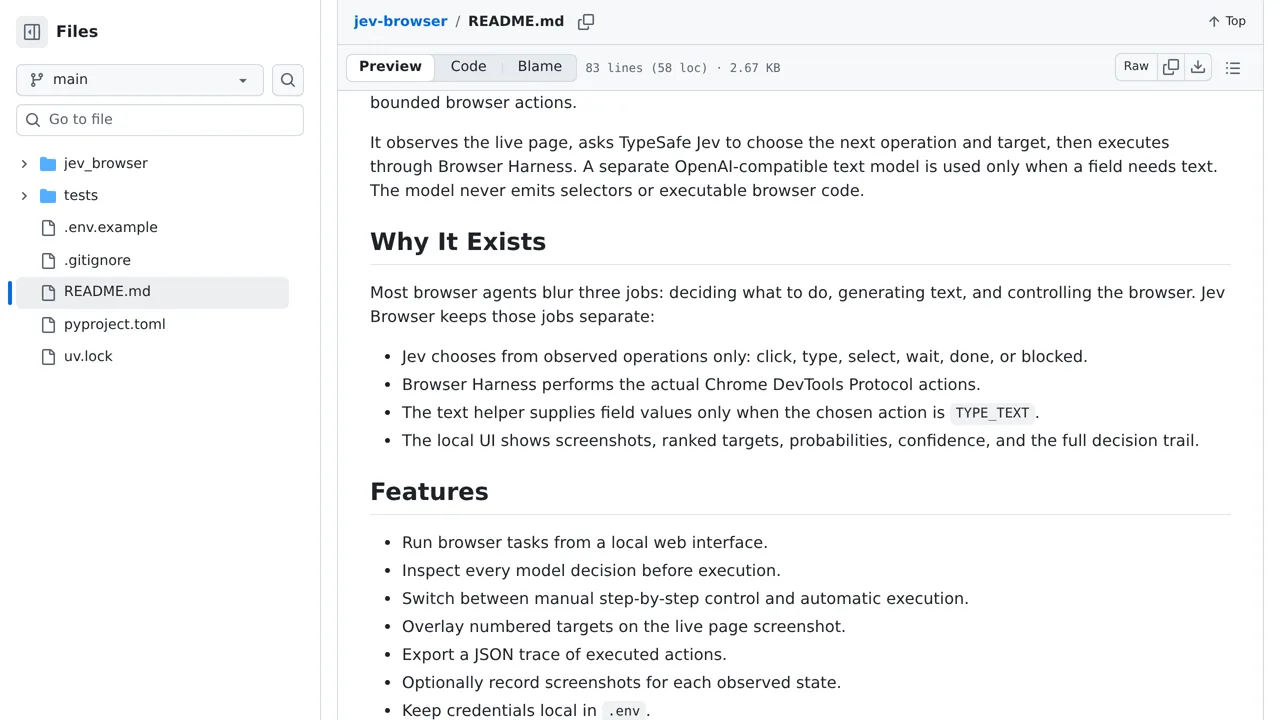 Source screenshot of jev-browser (KesavanKing)