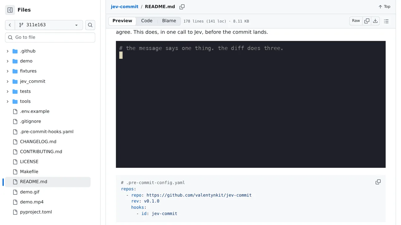 Source screenshot of jev-commit