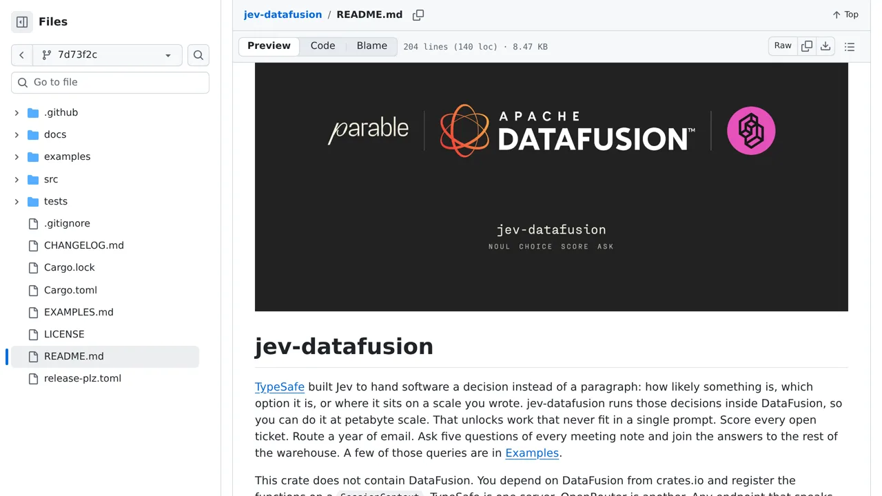 Source screenshot of jev-datafusion
