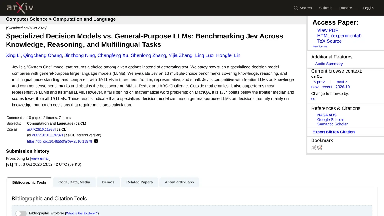 Source screenshot of Specialized Decision Models vs. General-Purpose LLMs: Benchmarking Jev Across Knowledge, Reasoning, and Multilingual Tasks