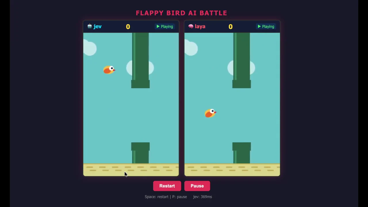 Recorded frame of Jev and Laya control Flappy Bird
