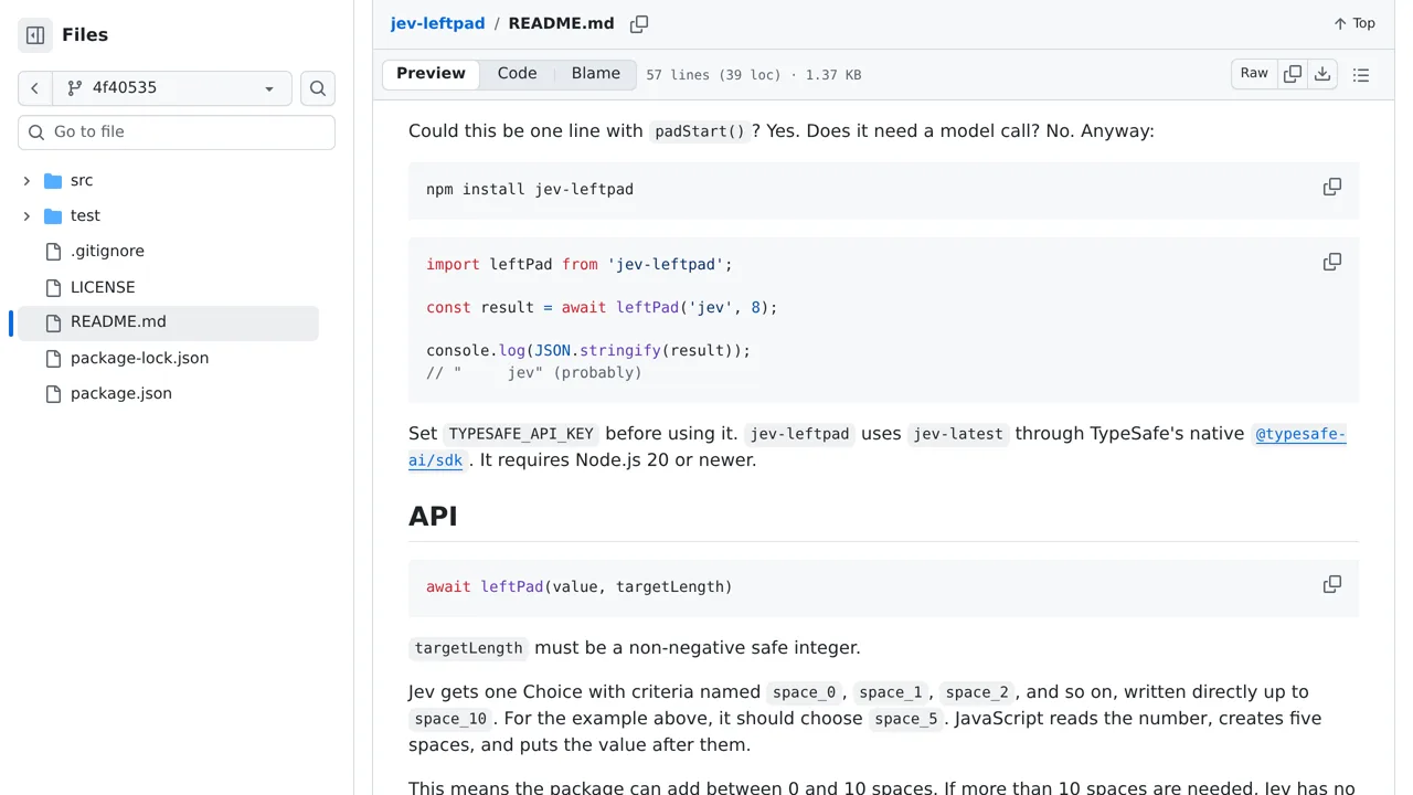 Source screenshot of jev-leftpad