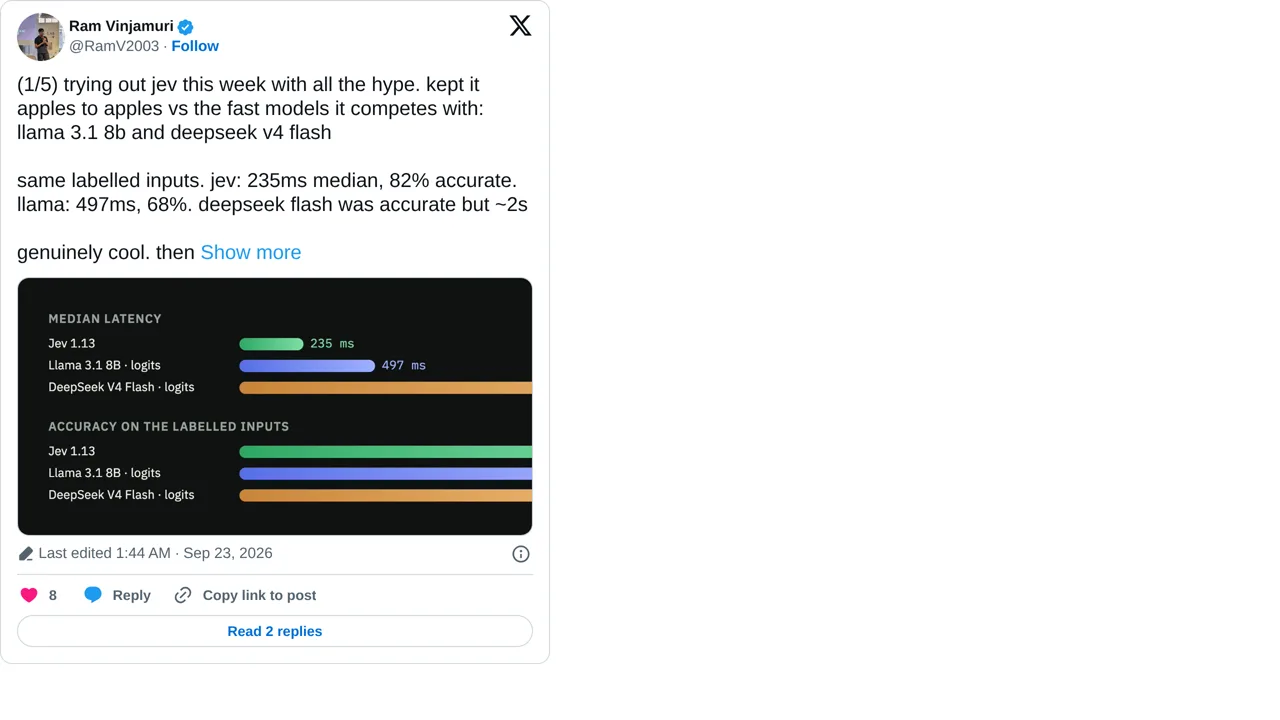 Source screenshot of Jev, Llama, and DeepSeek Benchmark