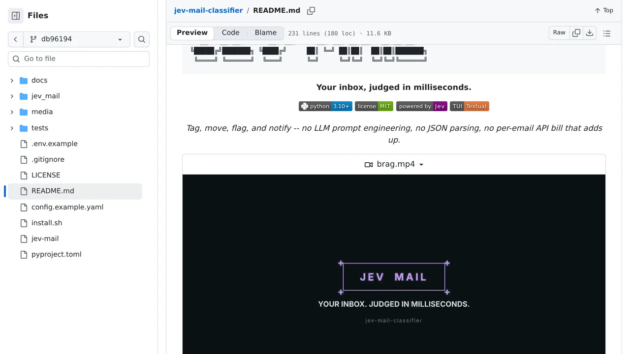 Source screenshot of jev-mail-classifier