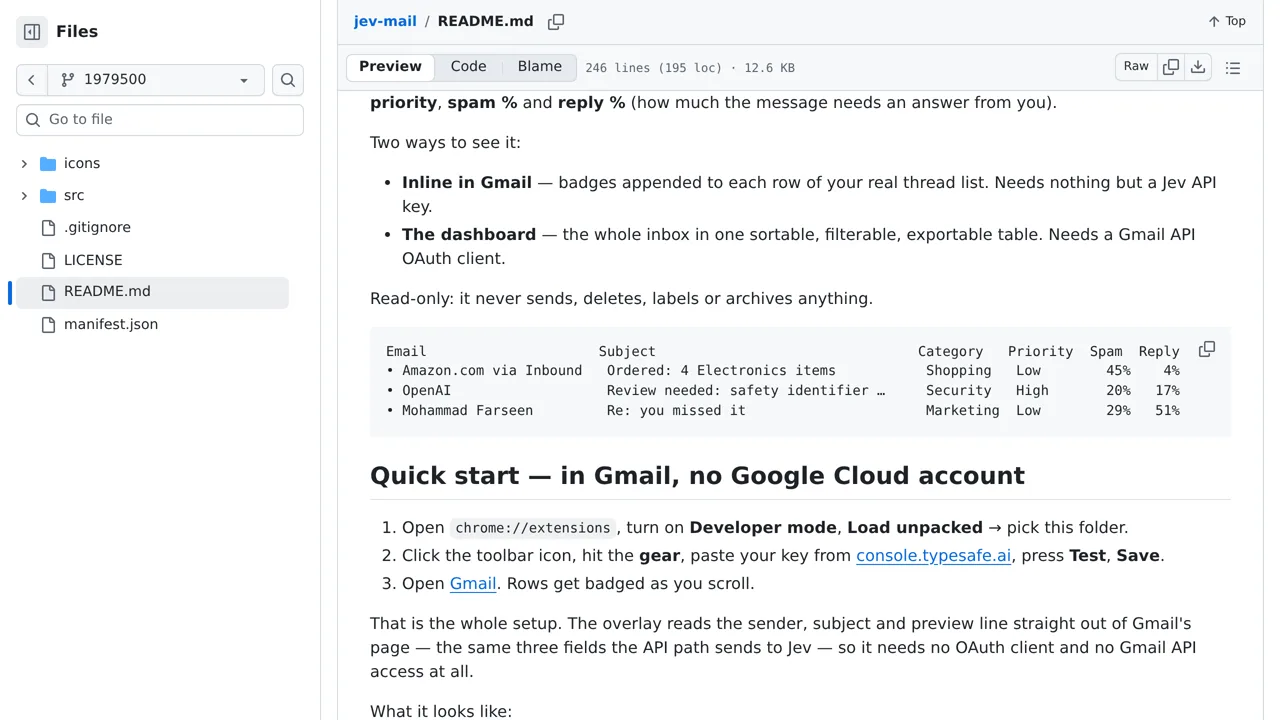Source screenshot of Jev Mail