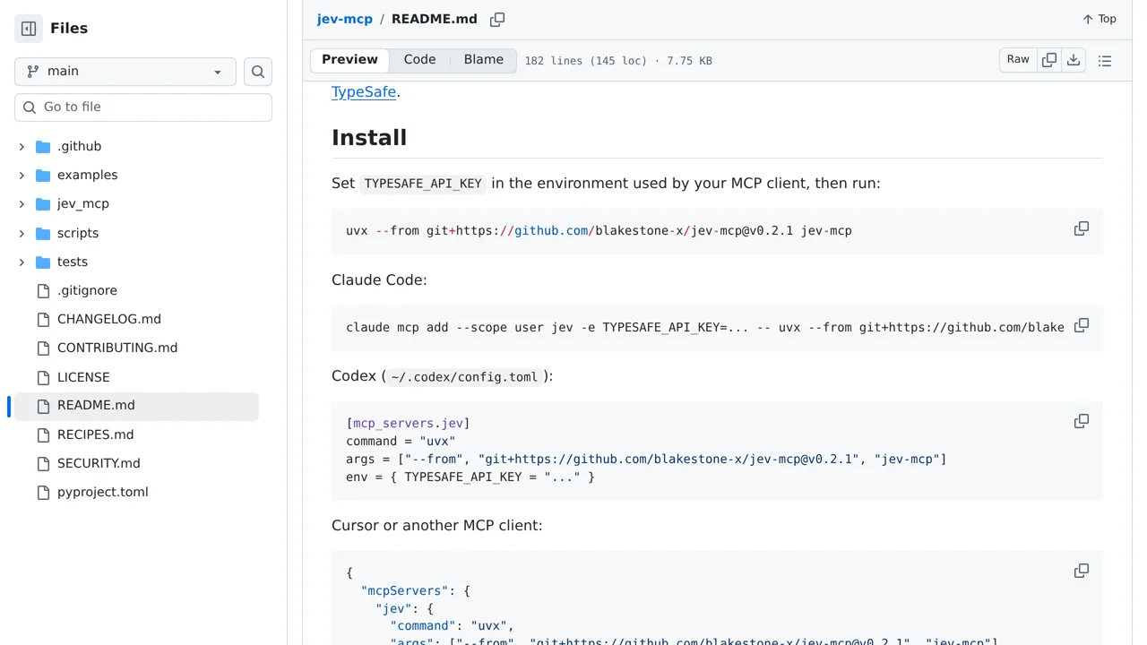 Source screenshot of jev-mcp (blakestone-x)