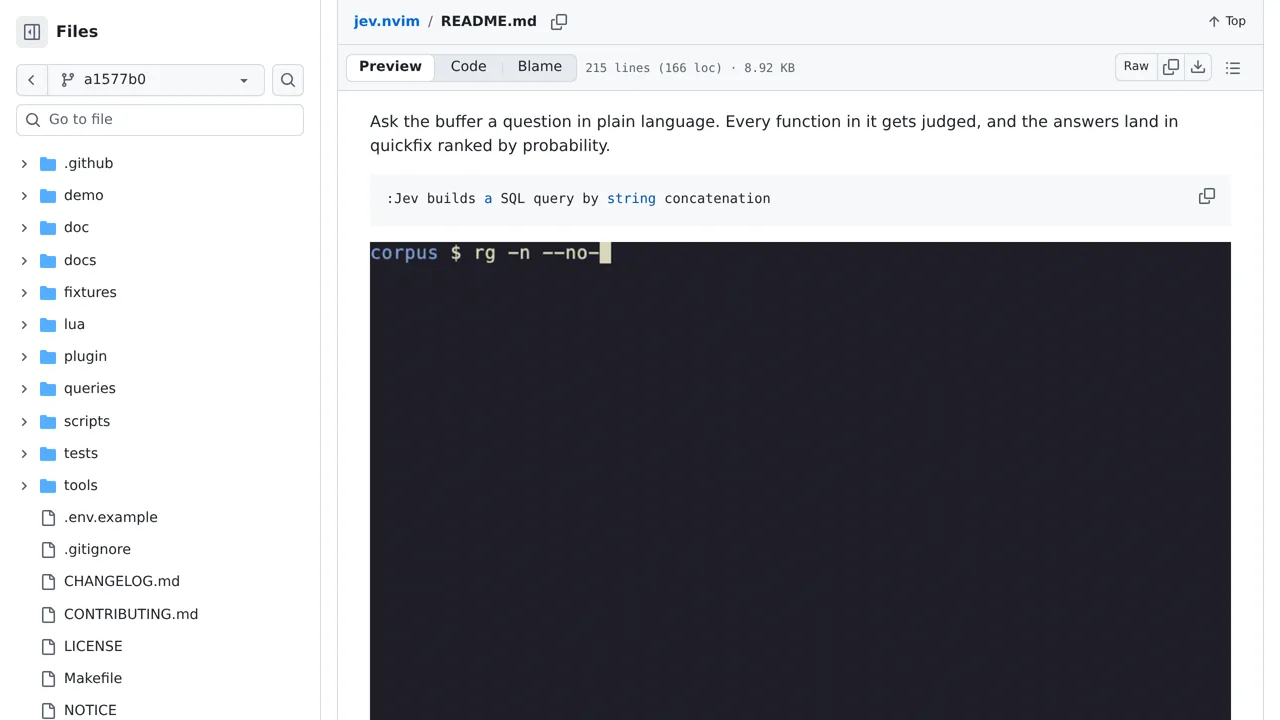 Source screenshot of jev.nvim