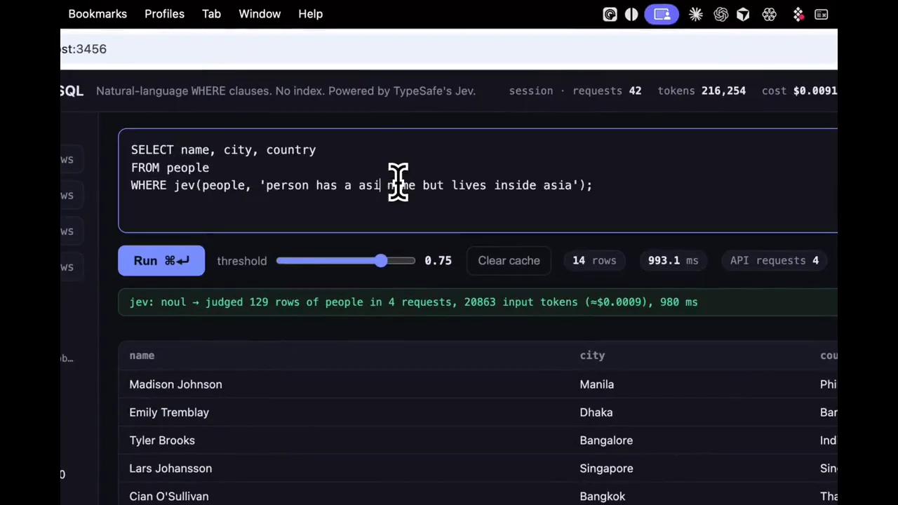 Recorded frame of jev() for PostgreSQL