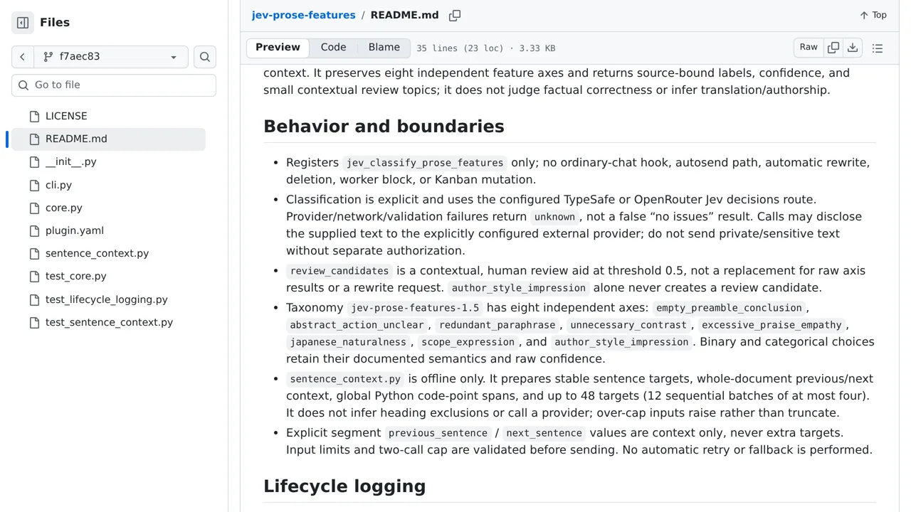 Source screenshot of Jev prose features