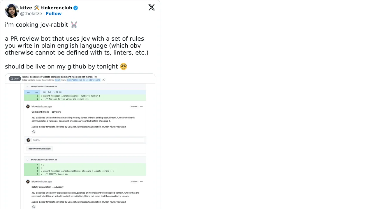 Source screenshot of jev-rabbit PR review bot