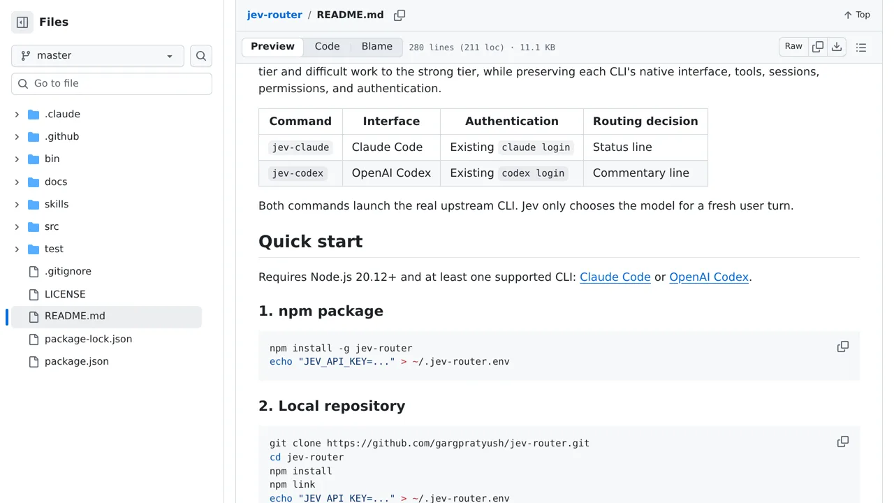 Source screenshot of jev-router (gargpratyush)
