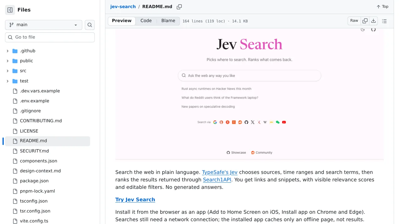 Source screenshot of jev-search