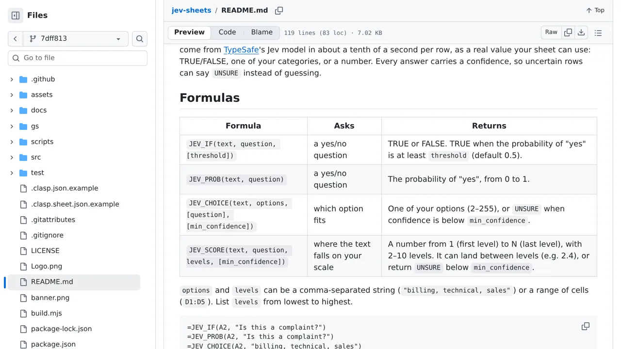 Source screenshot of Jev for Google Sheets
