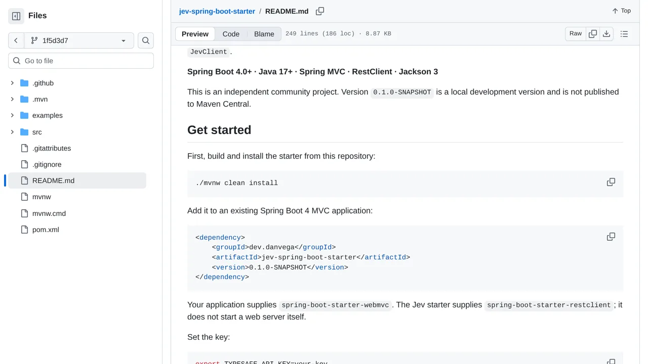 Source screenshot of jev-spring-boot-starter