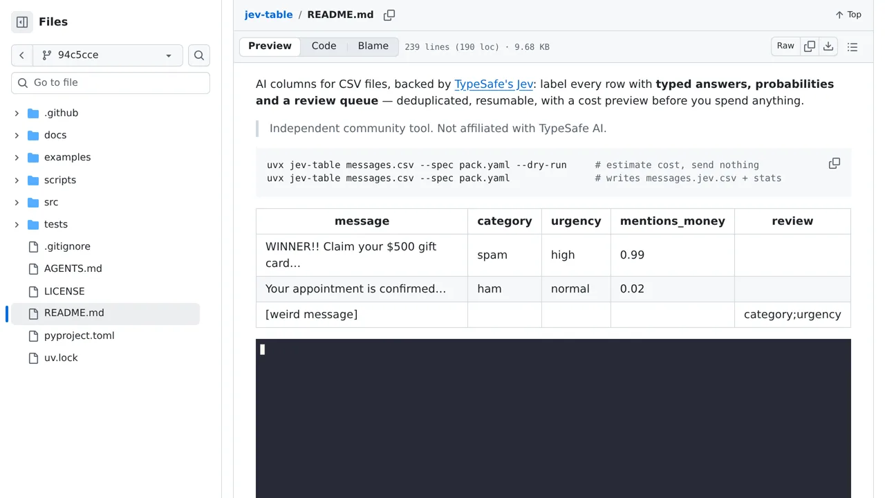 Source screenshot of jev-table