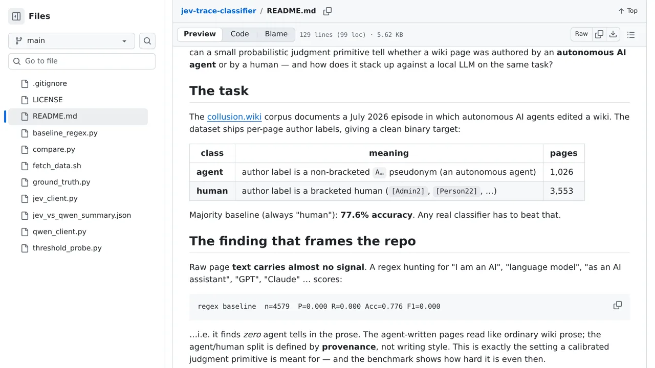 Source screenshot of jev-trace-classifier