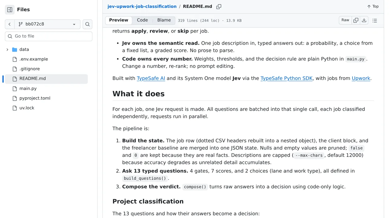 Source screenshot of Jev Upwork Job Classification
