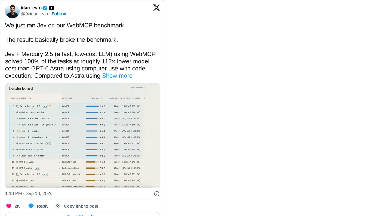 Source screenshot of Jev WebMCP Benchmark Run