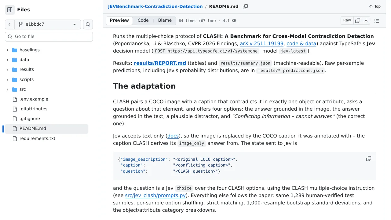 Source screenshot of JEV Benchmark – CLASH contradiction detection
