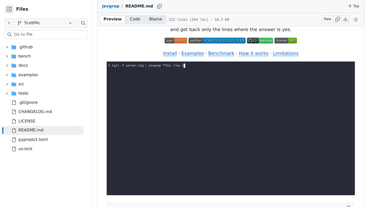 Source screenshot of jevgrep