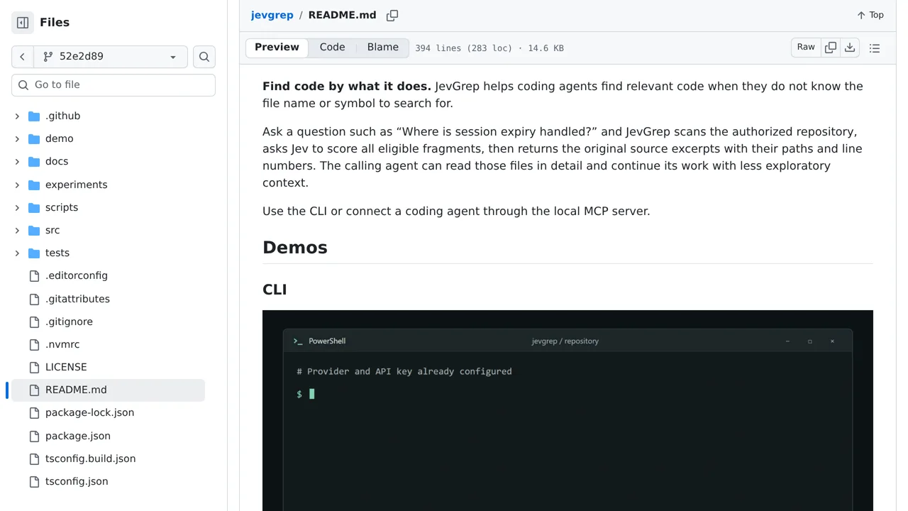 Source screenshot of JevGrep