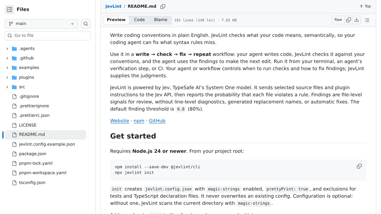 Source screenshot of JevLint
