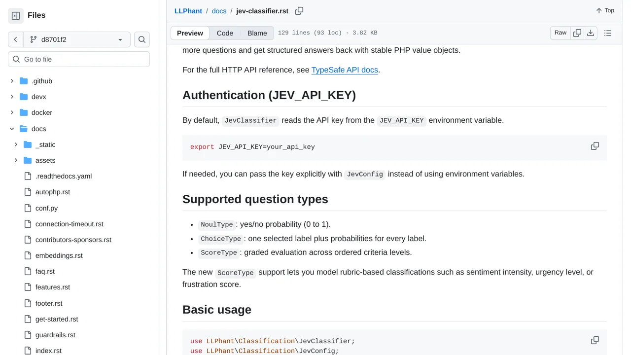 Source screenshot of LLPhant — JevClassifier
