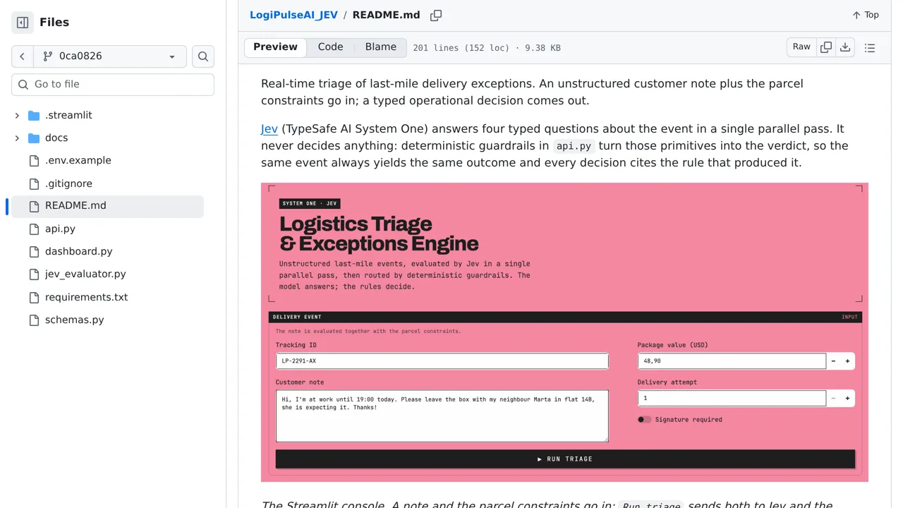 Source screenshot of LogiPulse AI — Logistics Triage & Exceptions Engine