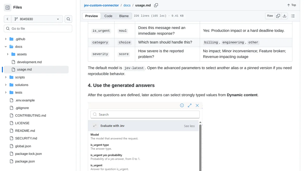 Source screenshot of TypeSafe Jev custom connector