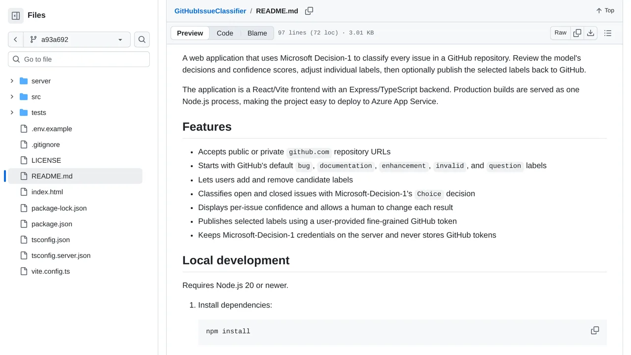 Source screenshot of GitHub Issue Classifier